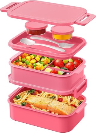 Lunch BOX 3 częściowy - Pojemnik na posiłki 2130 ml duży - Pudełko na drugie śniadanie - Różowe