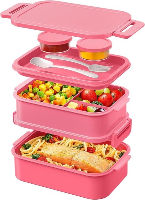 Lunch BOX 3 częściowy - Pojemnik na posiłki 2130 ml duży - Pudełko na drugie śniadanie - Różowe